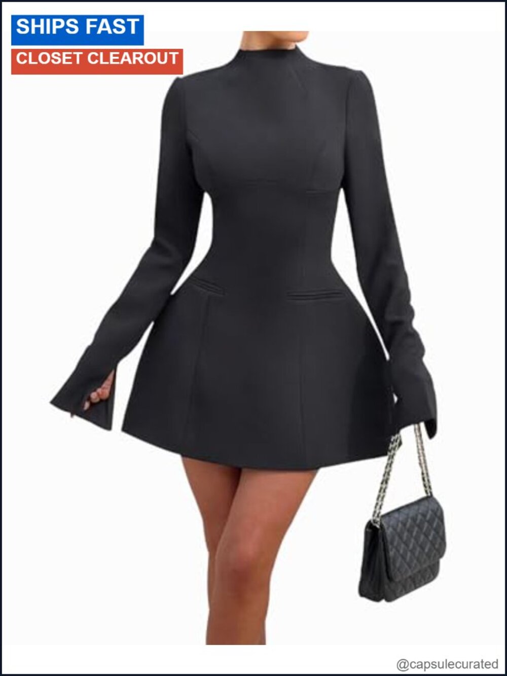 Long Sleeve Mock Neck Backless Bodycon Mini Dress Bubble Hem
